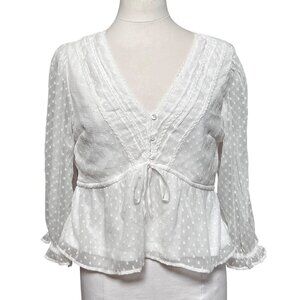 White Sheer Swiss Dot Babydoll Blouse  V-Neck Lace Ruffle Sz L Japna Fairy Boho‎